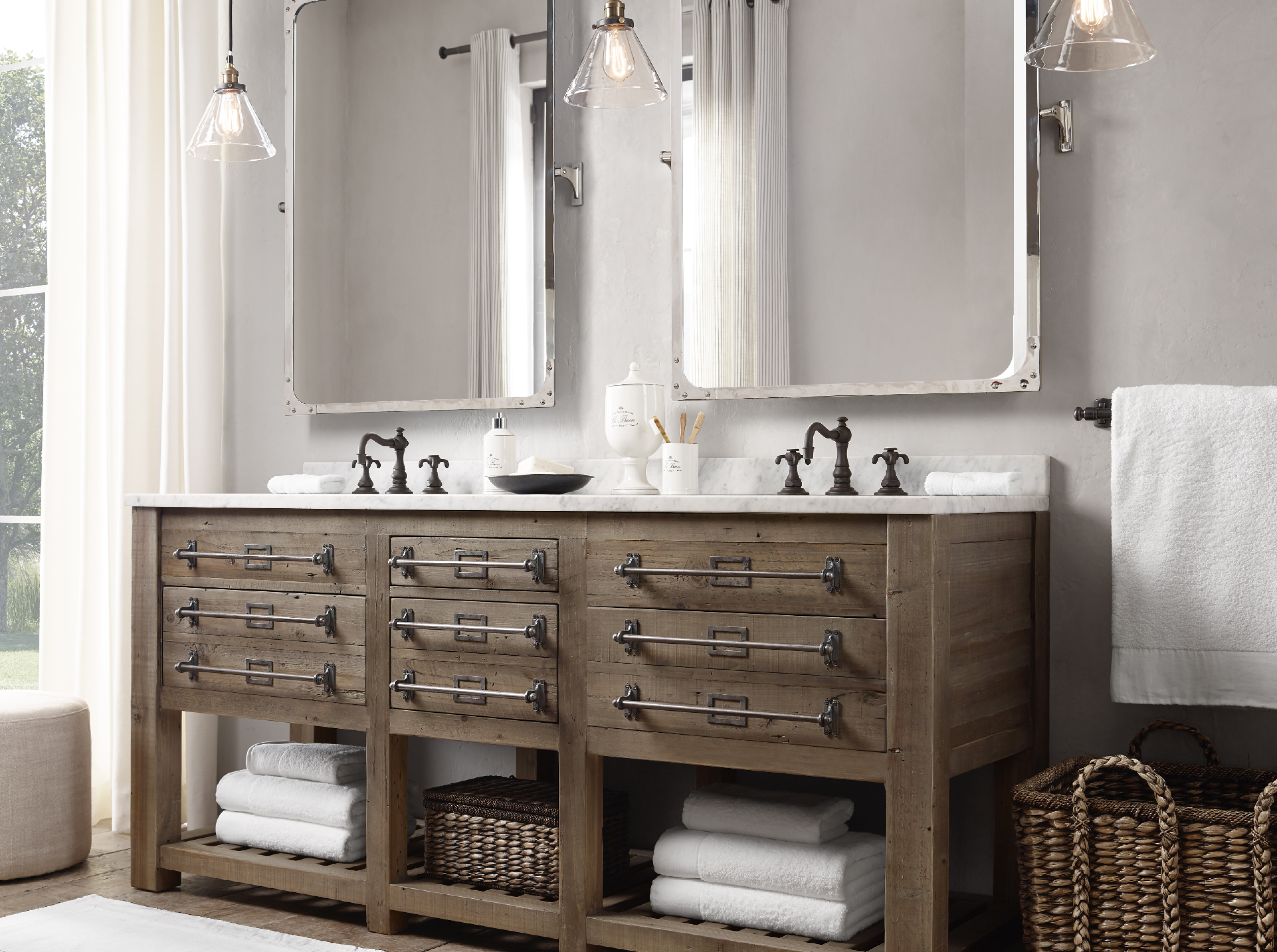 Bathroom double vanity, reclaimed wood, mirrors, pendant lights