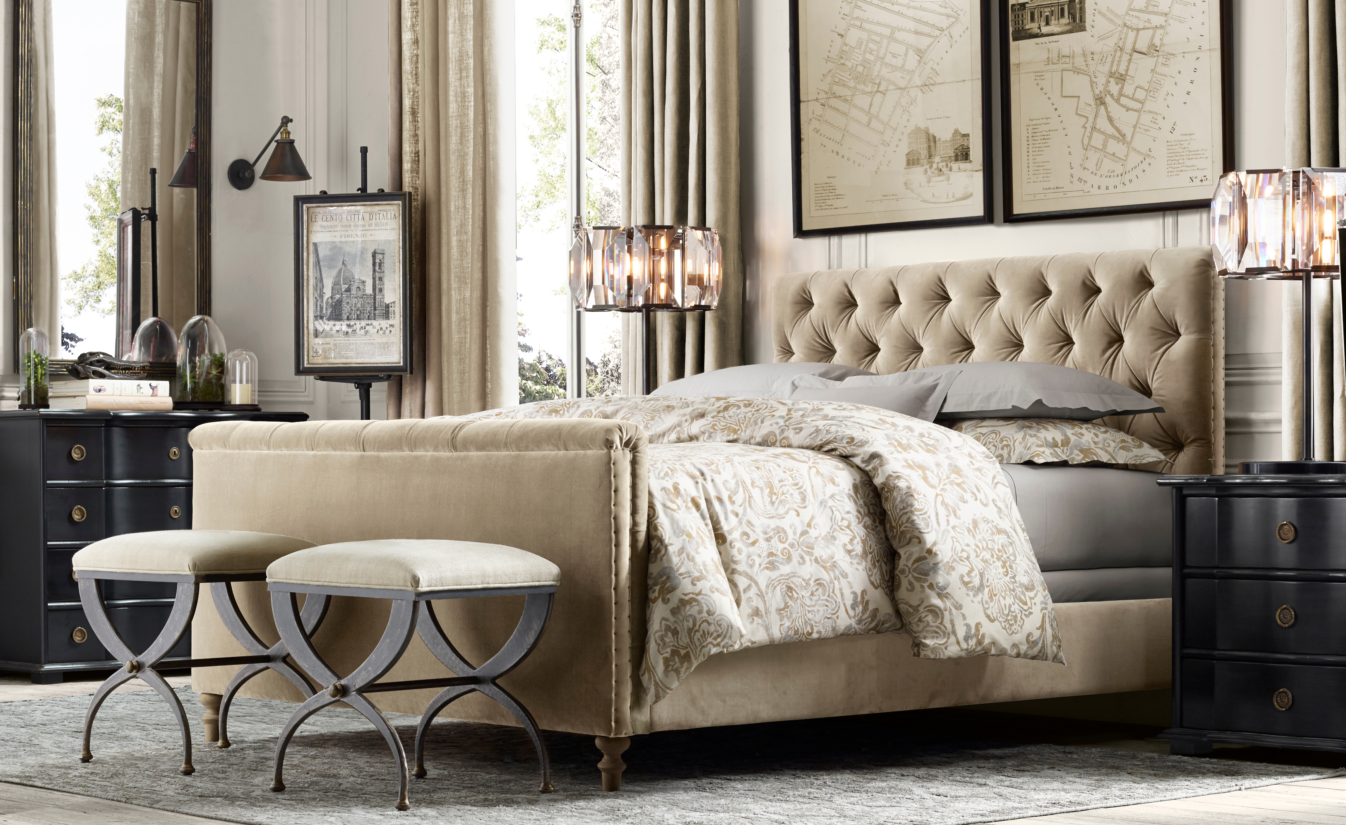 Tufted camel velvet bed, crystal chandelier, black nightstands